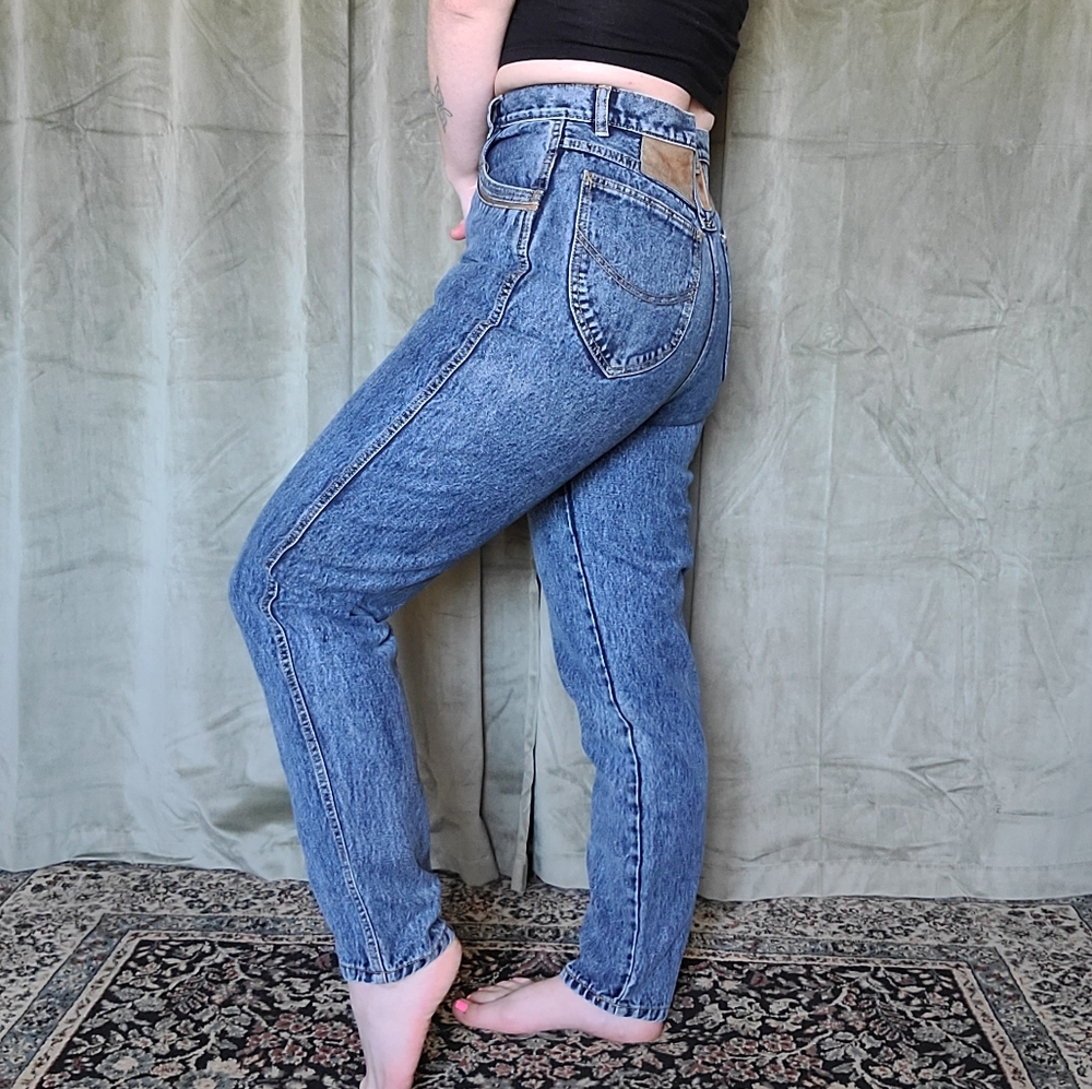 Vintage Western Coastal Cowgirl Alt Leather Trimmed High Rise Denim Mom Jeans - Picture 6 of 14